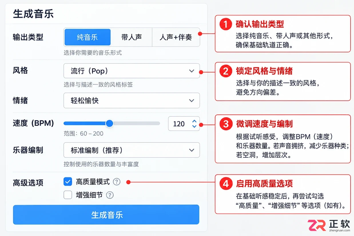音述AI生成音乐音质差该怎么调整参数