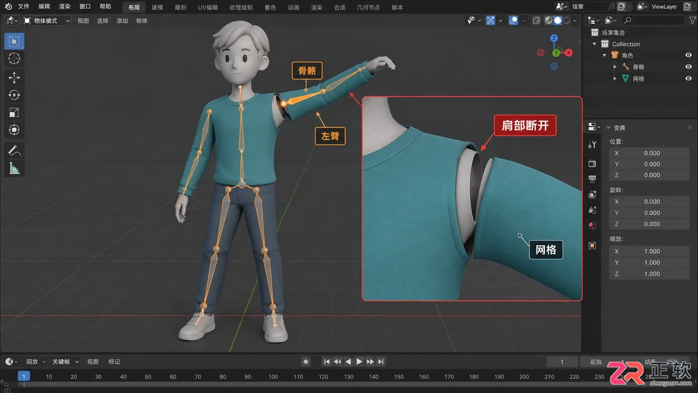 blender绑定骨骼手臂与身体分离如何连接