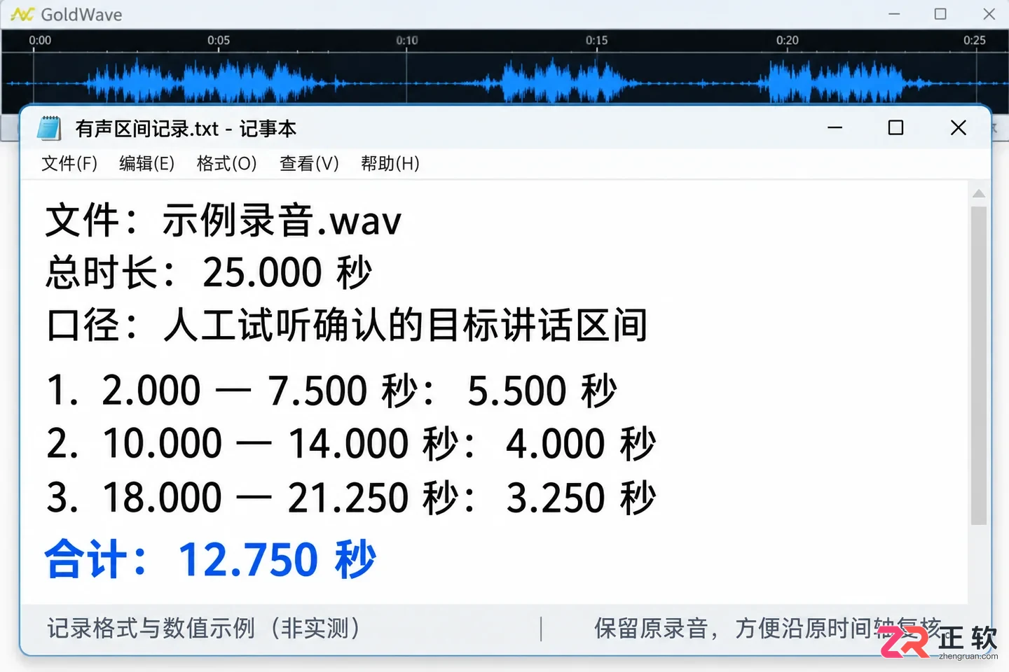 goldwave怎么统计有声音的时长 查看办法