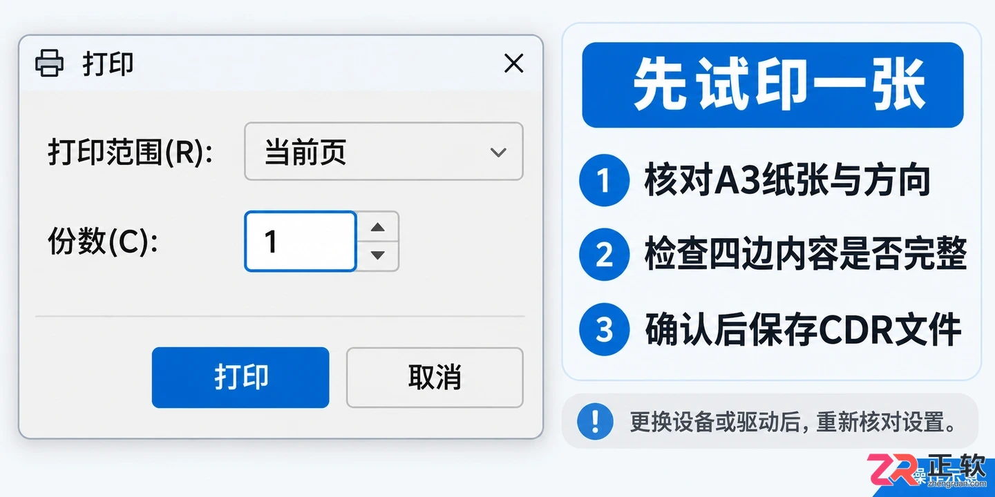 CorelDRAW打印A3设置教程:对齐文档、驱动与缩放参数