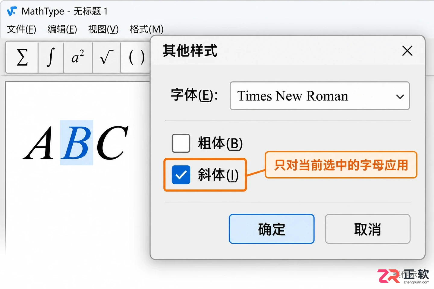 mathtype怎么单独倾斜一个字母