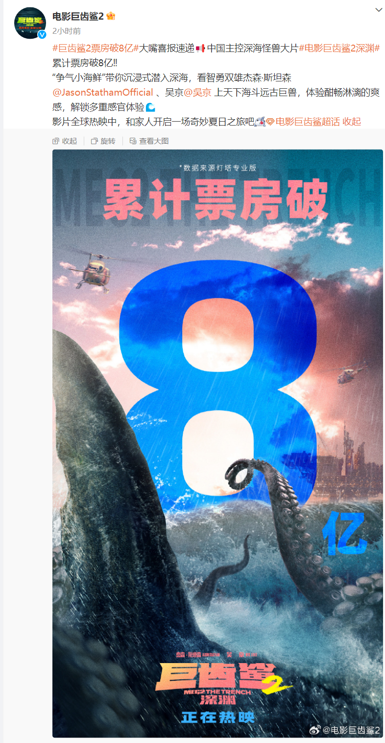 《巨齿鲨 2:深渊》票房破 8 亿:杰森・斯坦森 / 吴京主演,豆瓣 5.4 分
