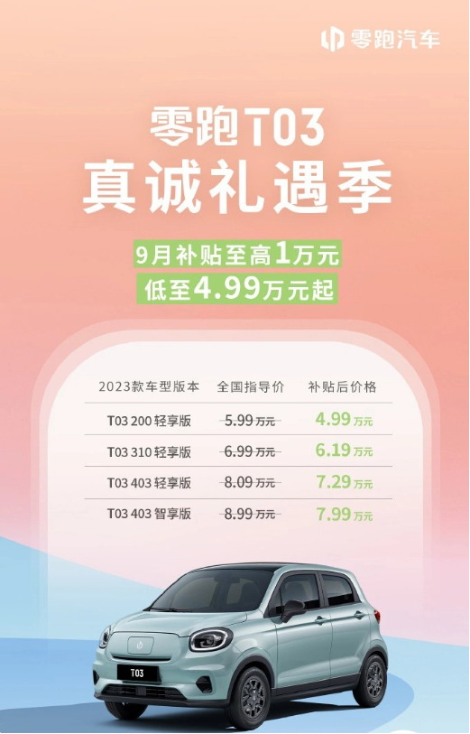 零跑T03系列车型：享受多重官方补贴，9月再添购车机会