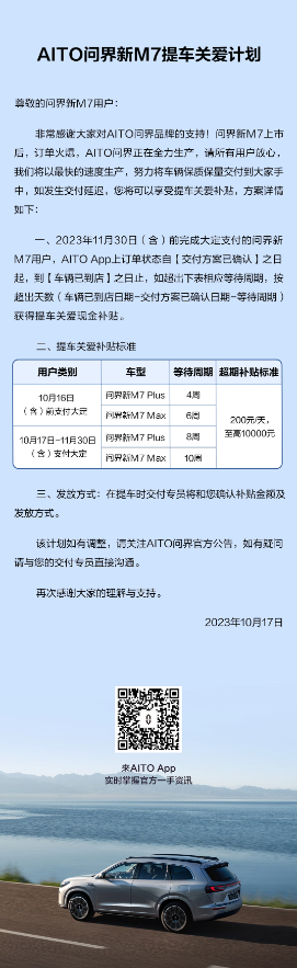 AITO问界新M7发布提车关爱计划,最高补贴1万,为您提供更多福利