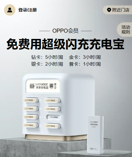 OPPO 首发共享充电宝会员权益:每周最高 5 小时免费充电,33W 闪充