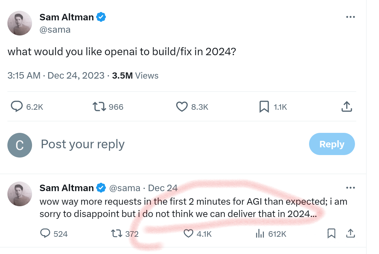 Sam Altman:对Open AI在2024年实现AGI目标持怀疑态度