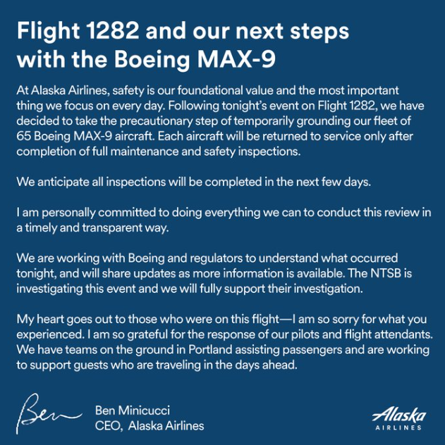 阿拉斯加航空公司停飞65架波音737 MAX 9飞机进行安全审查
