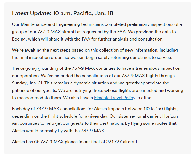 阿拉斯加航空宣布将继续停飞波音 737 MAX 9 至 21 日,每天取消110到150个航班