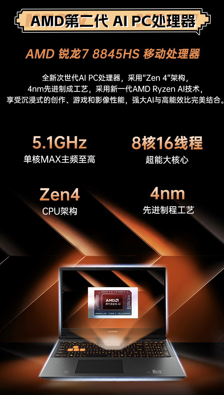 七彩虹 COLORFIRE 首款笔记本 MEOW R15 上架:至高 R7-8845HS + RTX4070,4999 元起