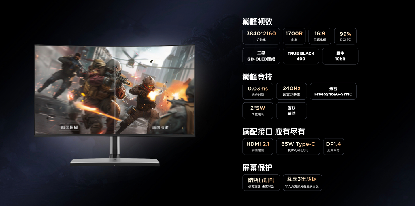 红魔魔境 32 英寸 QD-OLED 曲面显示器发布：4K 240Hz、峰值亮度 1000 尼特，预售到手价 7499 元