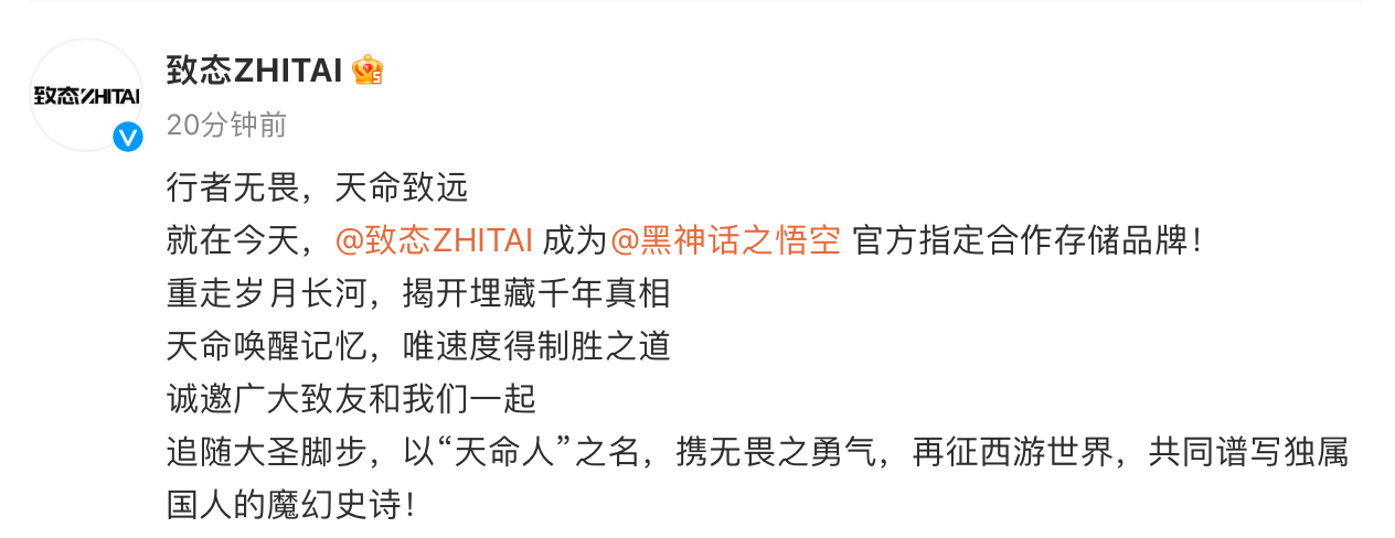 国产存储品牌致态与《黑神话:悟空》游戏官宣合作