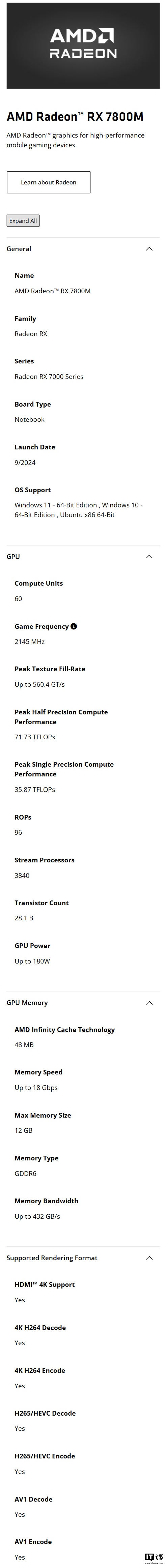 AMD RX 7800M 笔记本 GPU 现身官网：最高 2145 MHz，12GB GDDR6 显存