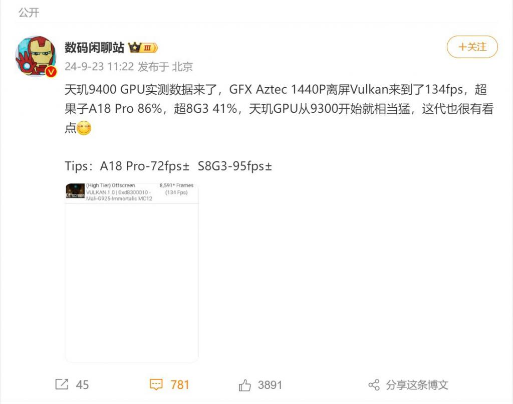 曝天玑 9400 GPU 性能远超旗舰竞品,顶级实力已展露