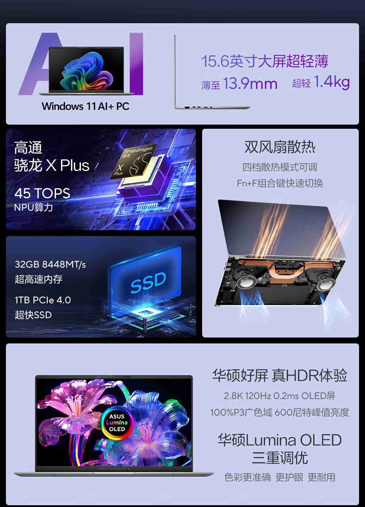 华硕 2024 款无畏 Pro15 骁龙 X Plus 版笔记本开售:32GB+1TB,6999 元