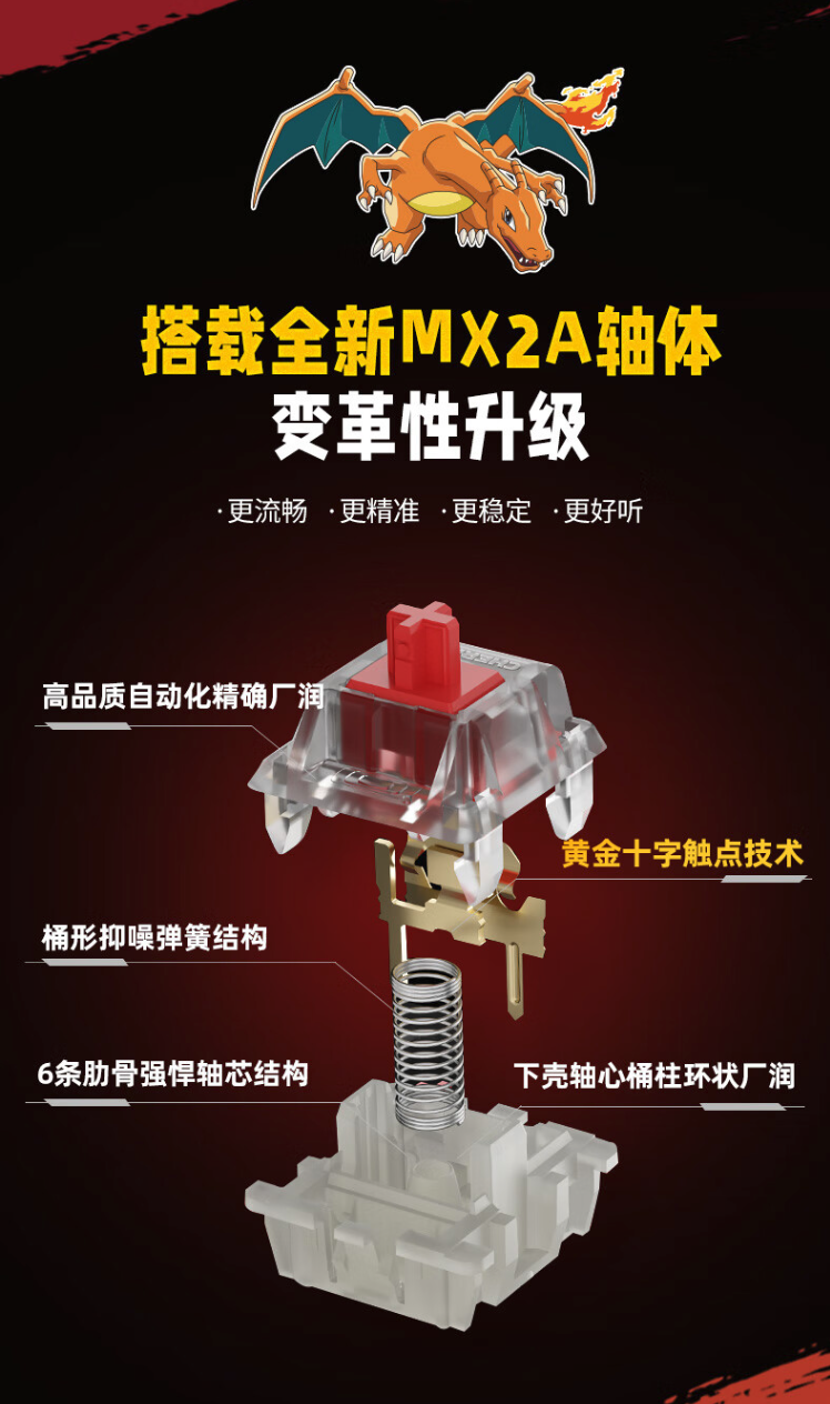 CHERRY 樱桃 MX3.0S 宝可梦喷火龙联名无线键盘今晚开售,1099 元