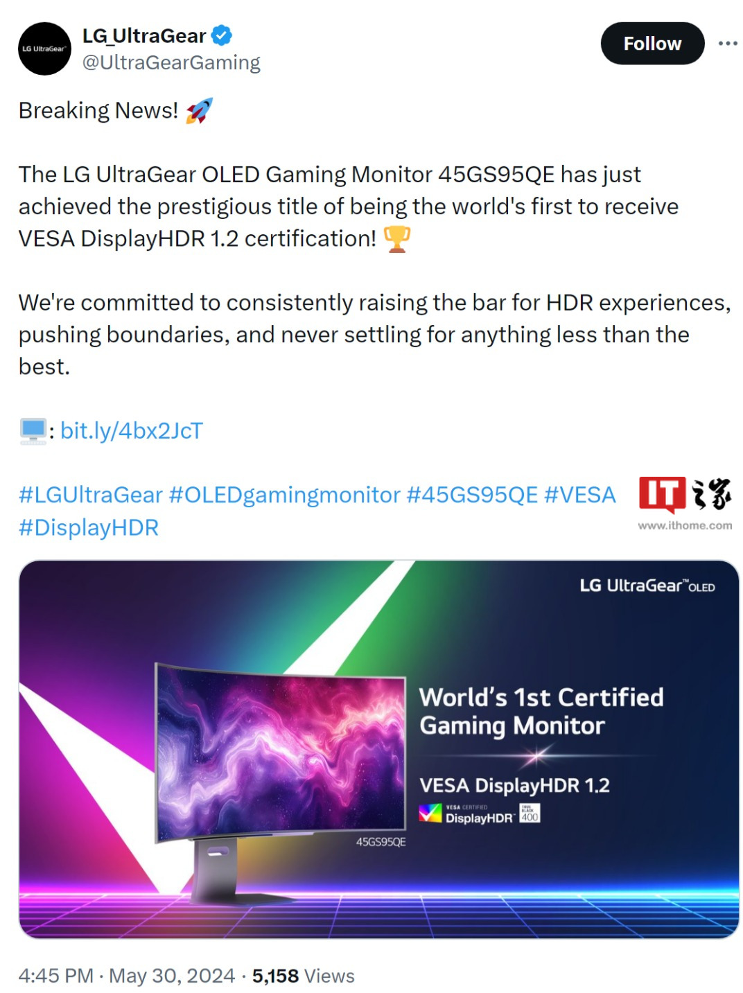 满足更严苛要求,LG 45GS95QE 显示器率先通过 VESA DisplayHDR 1.2 认证