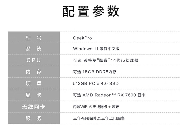 i5-14400F + RX 7600：联想 GeekPro 台式机 16+512G 版 3955 元 3 期免息