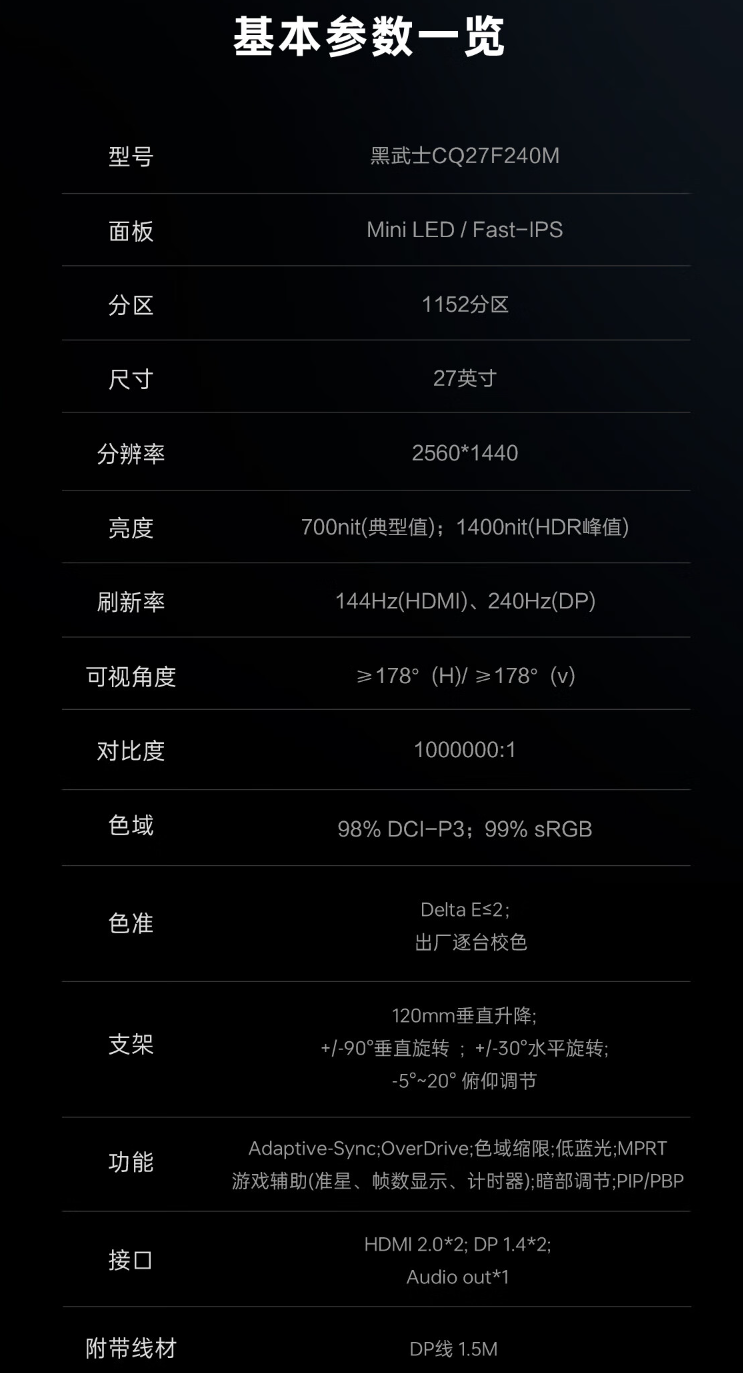 雷神“CQ27F240M”27 英寸显示器开售：2K 240Hz 1152 分区 Mini LED，1799 元