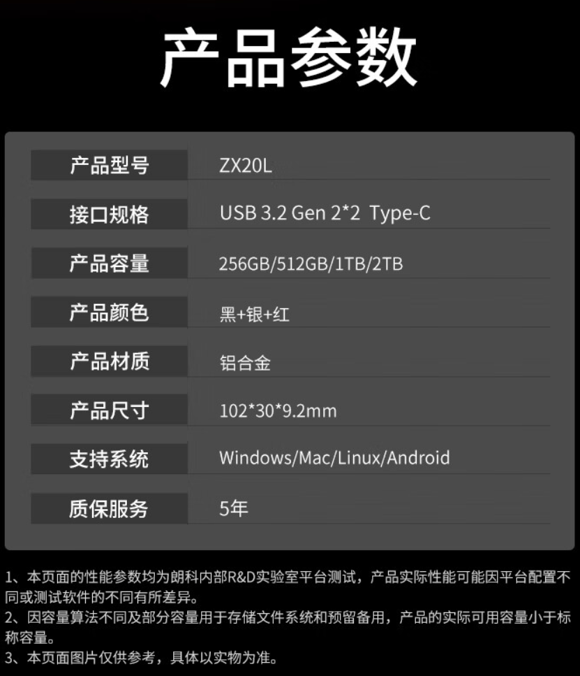 朗科 ZX20L 移动固态硬盘开售：2000MB/s 读速，256GB-2TB，299 元起