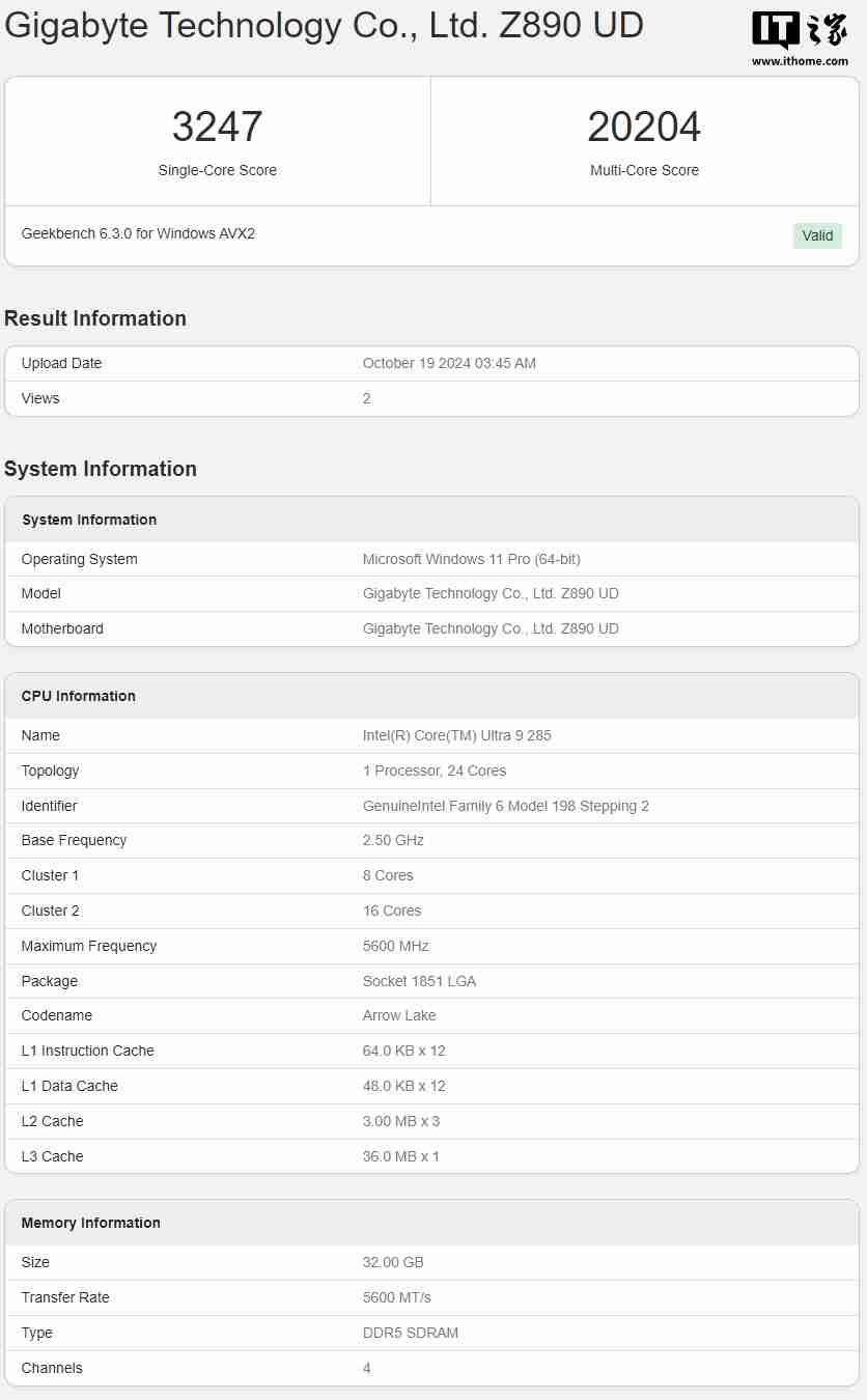 英特尔酷睿 Ultra 9 285 处理器现身 Geekbench，单核相比 i9-14900 提升超过 10%