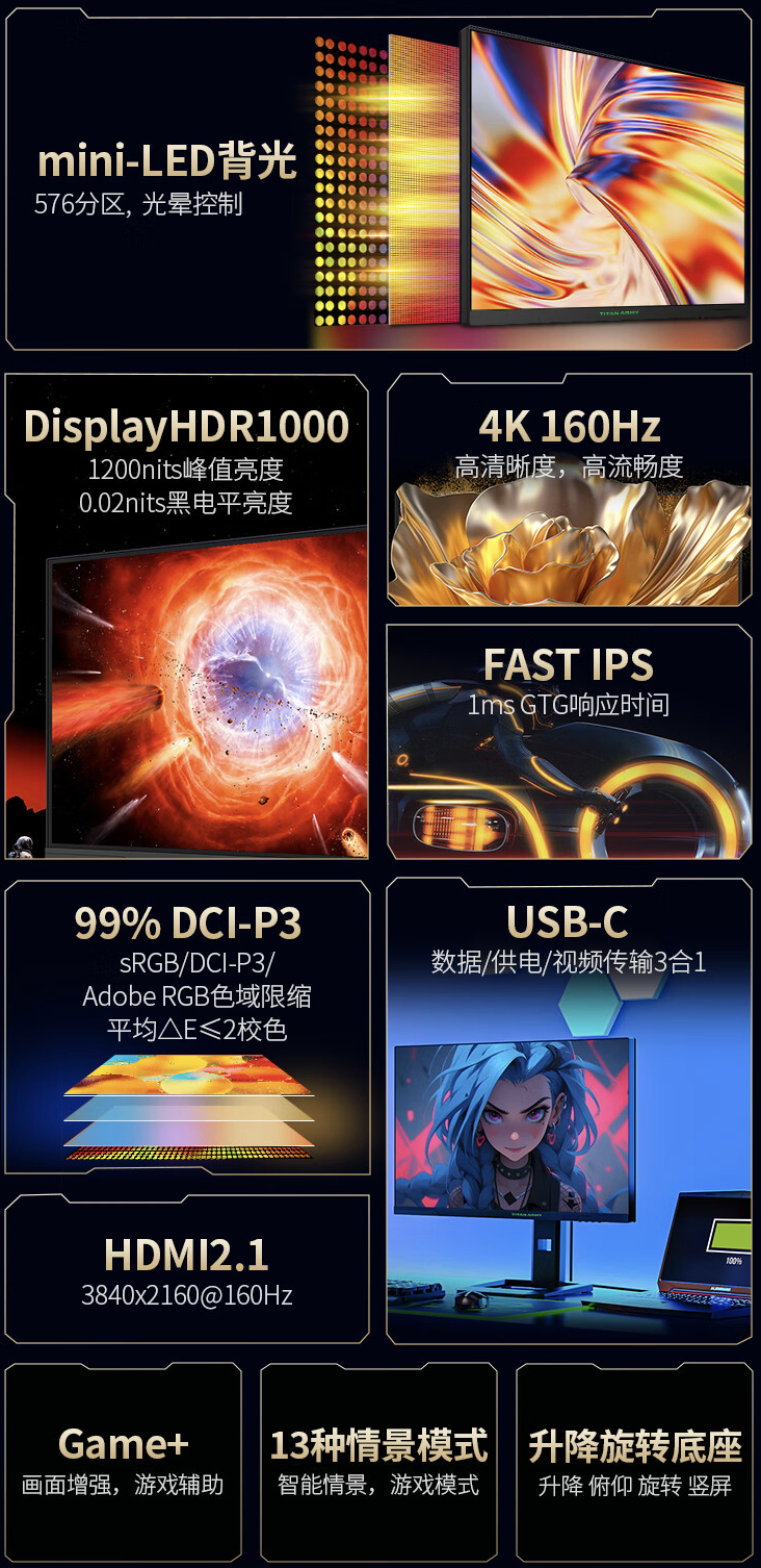 4K 160Hz Mini-LED:泰坦军团 P275MV 27 英寸显示器 2259 元 6 期免息
