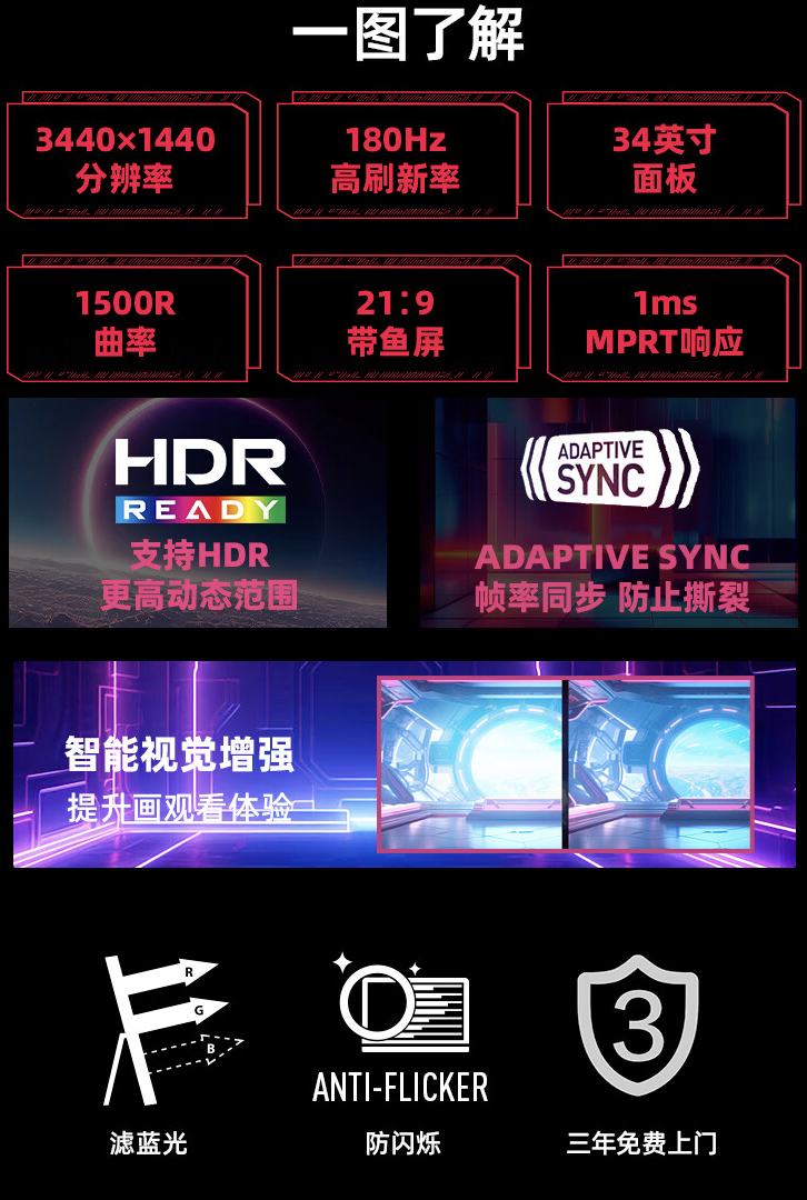 微星“MAG 342CQR E2”34 英寸带鱼屏显示器开售:1440P 180Hz,1499 元