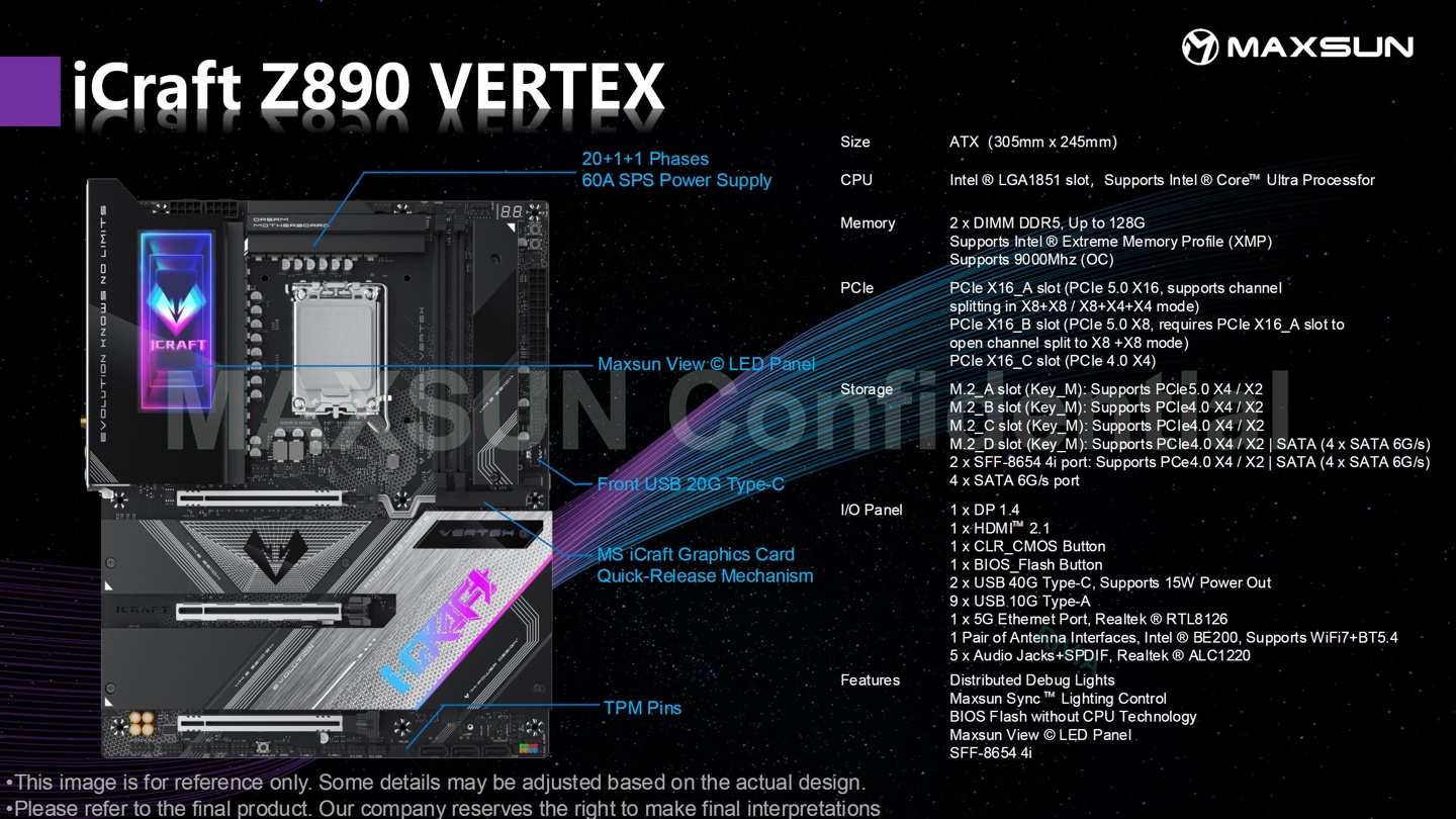 铭瑄 MS-iCraft Z890 Vertex 主板规格曝光:双内存槽超频优化设计