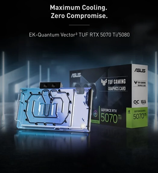 EK by LM TEK 推出 RTX 5070Ti/5080 显卡亚克力水冷头,适配华硕 TUF