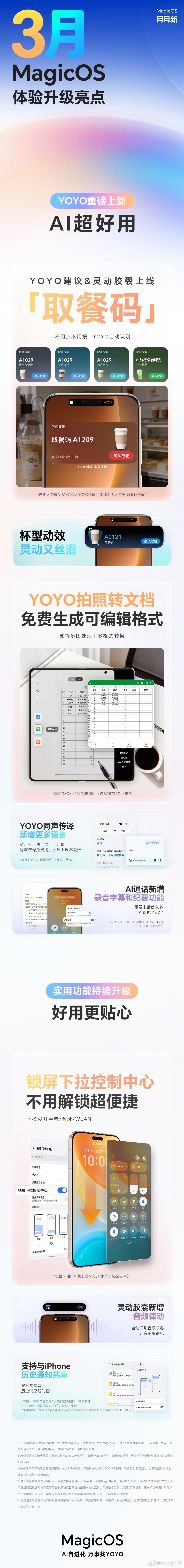 荣耀 MagicOS 系统 3 月更新公布：取餐码上线 YOYO 建议 & 灵动胶囊、双机通知共享等