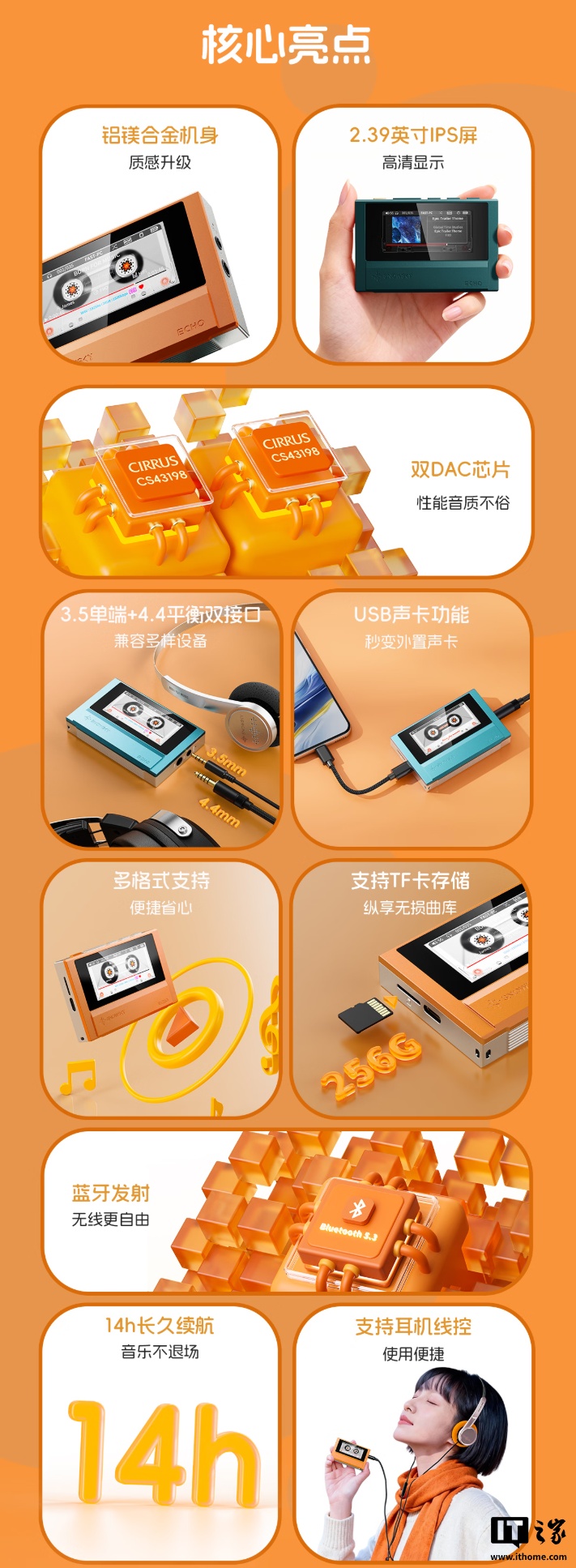 飞傲子品牌雪漫天推出 ECHO 播放器:复古造型、3.5mm 单端 +4.4mm 平衡耳机接口,399 元