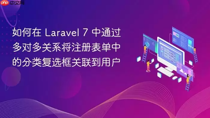 如何在 Laravel 7 中通过多对多关系将注册表单中的分类复选框关联到用户