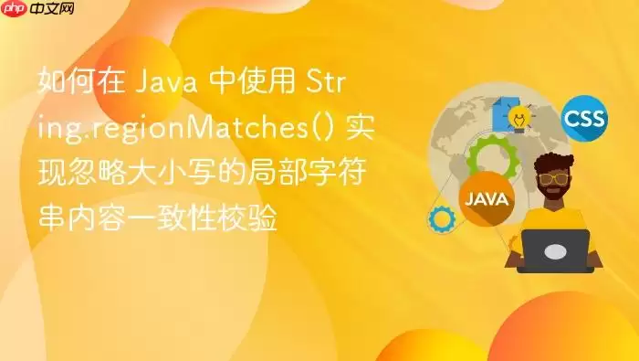 如何在 Java 中使用 String.regionMatches() 实现忽略大小写的局部字符串内容一致性校验