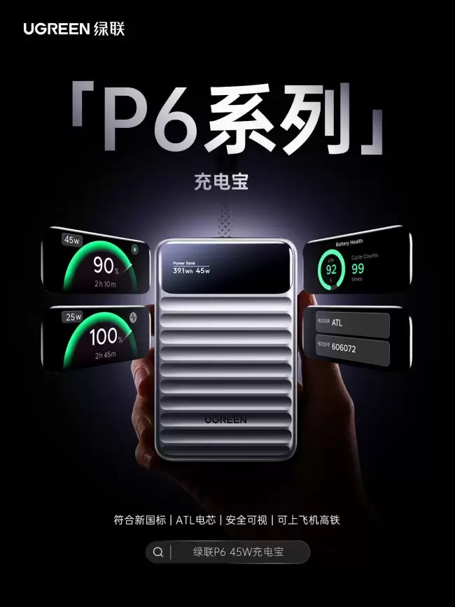 绿联 P6 系列 45W 充电宝发布：符合 2026 新国标 + 苹果同厂 ATL 电芯 199 元