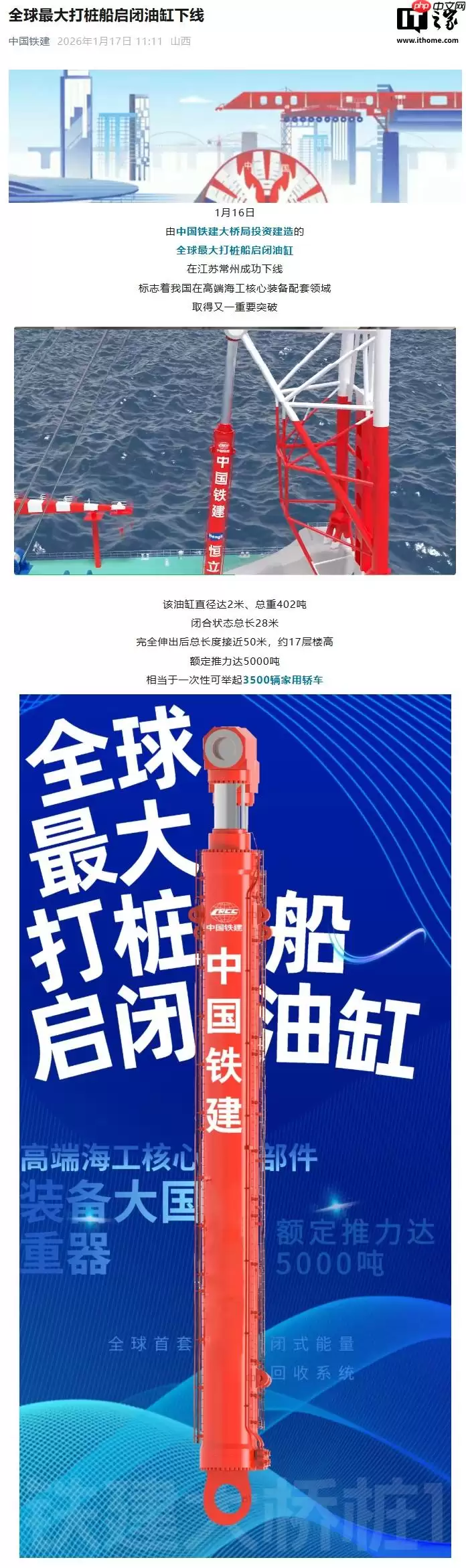 全球最大打桩船启闭油缸下线，一次性可举起“3500 辆家用轿车”