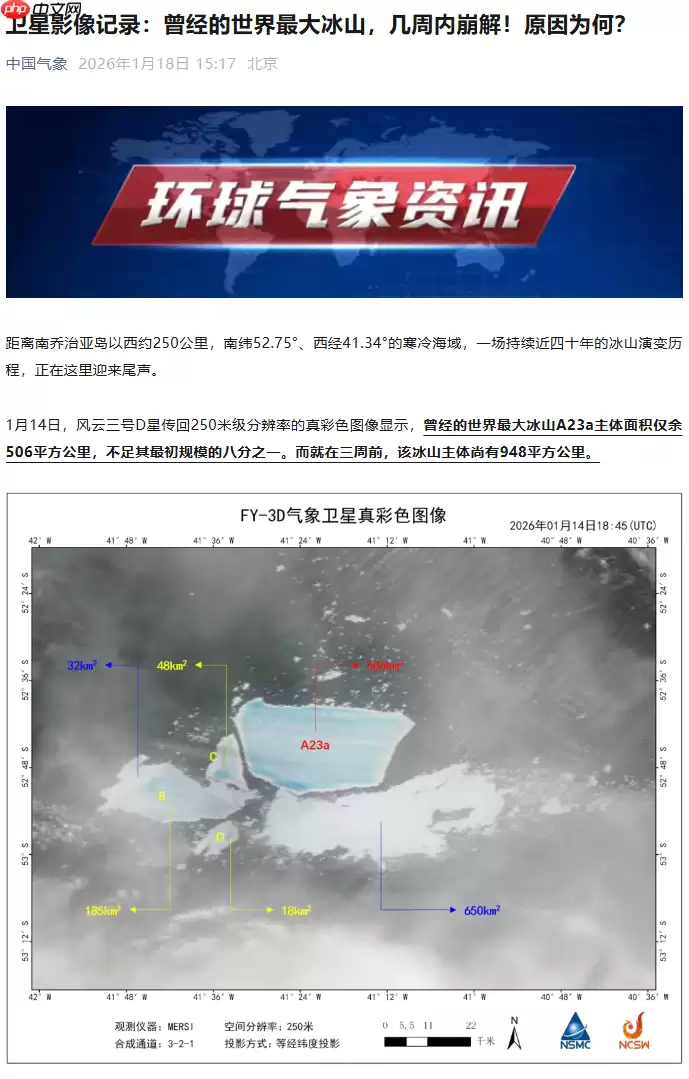 风云三号卫星监测:世界最大冰山 A23a 或几周内完全瓦解