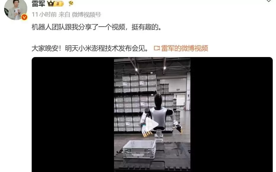 雷军晒“有趣”视频:白色机器人干活,黑色机器人督工,还对镜头比“耶”