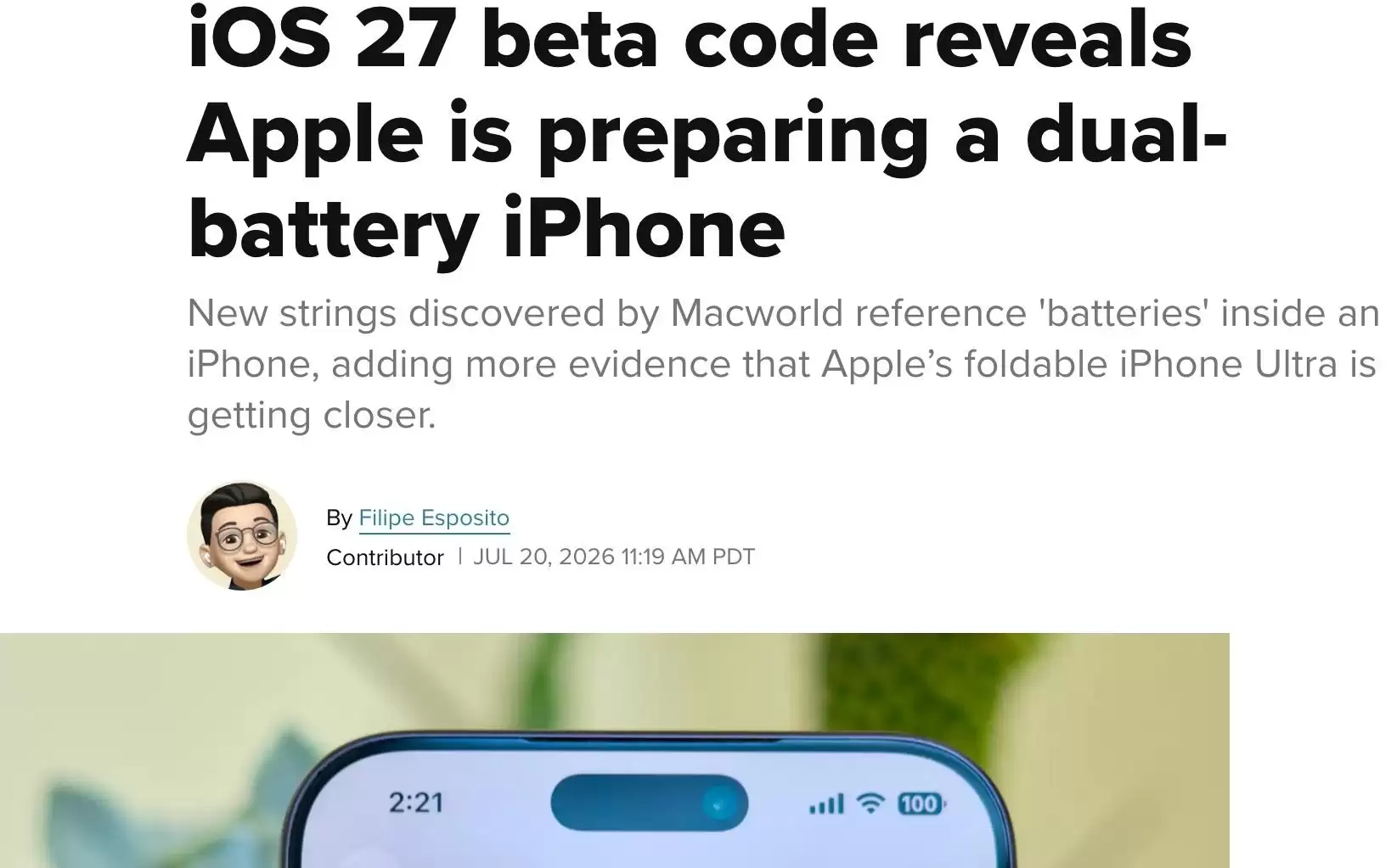 最新消息：iOS 27 Beta 4代码显示iPhone Ultra或为双电芯设计