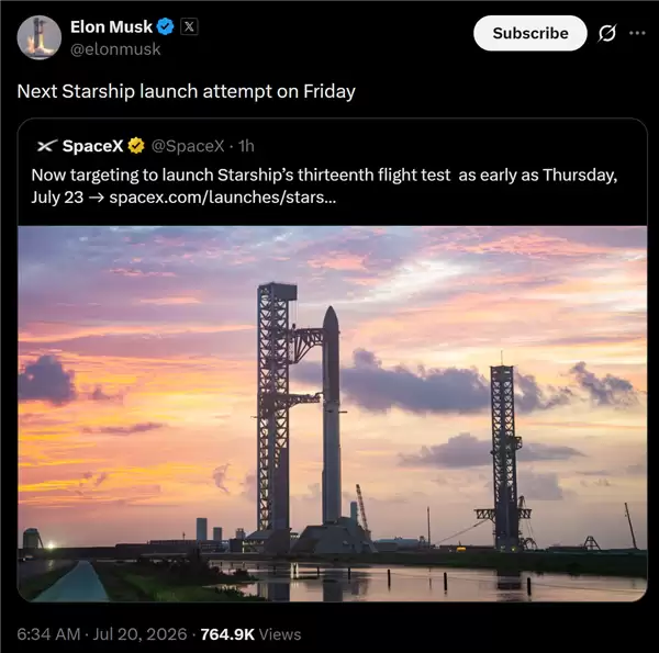 SpaceX星舰第13次试飞因发动机故障中止，最早7月23日再试飞
