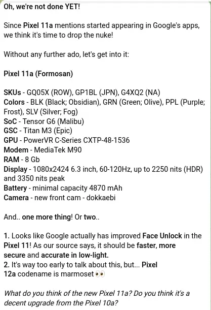 (G-G) Pixel 11a 手机曝光:Tensor G6 自研芯片 联发科 M90 基带