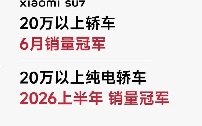 小米汽车：SU7拿下20万以上轿车6月销量第一