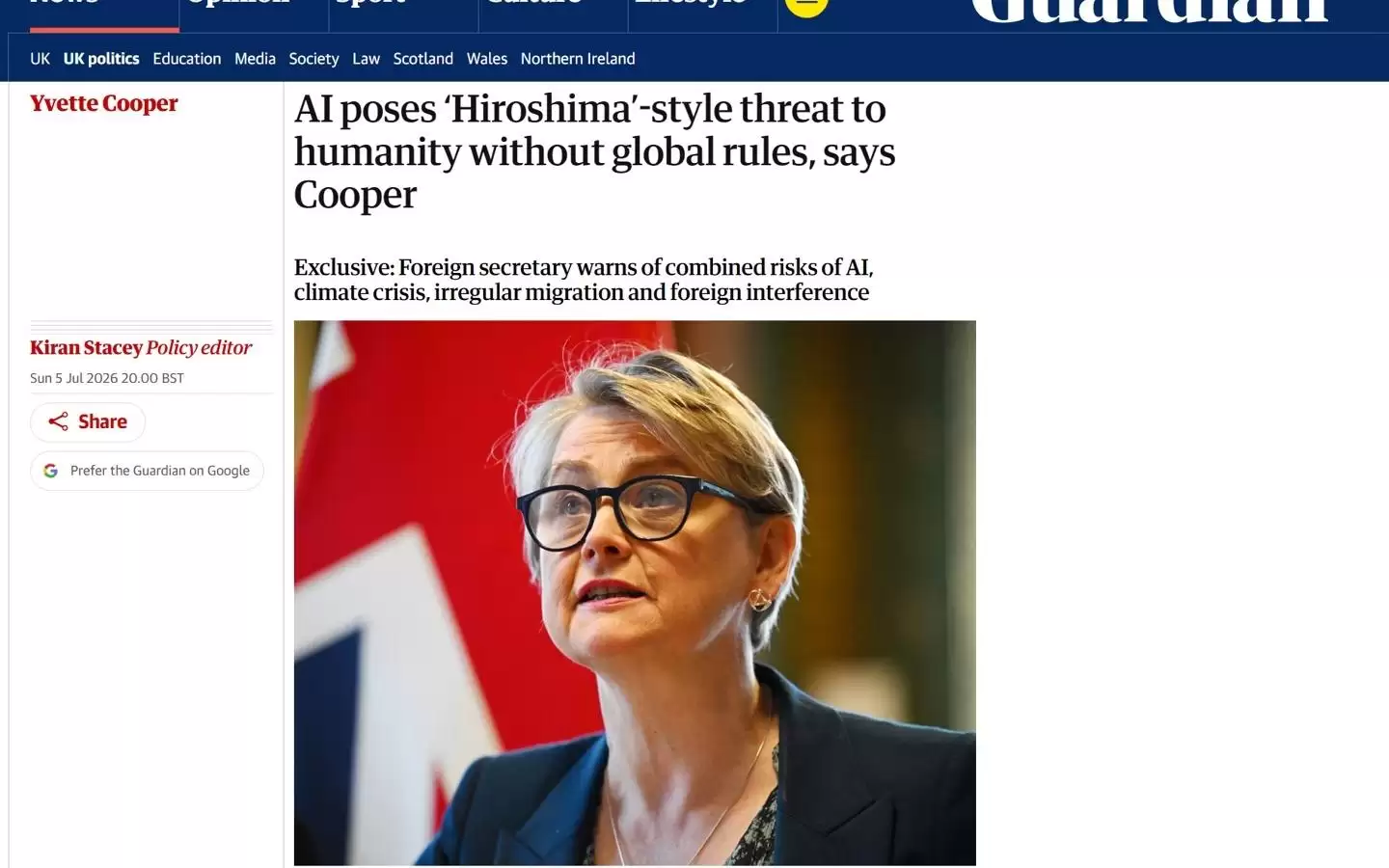 英国外交大臣库珀警告:AI或成未来10年最大安全挑战