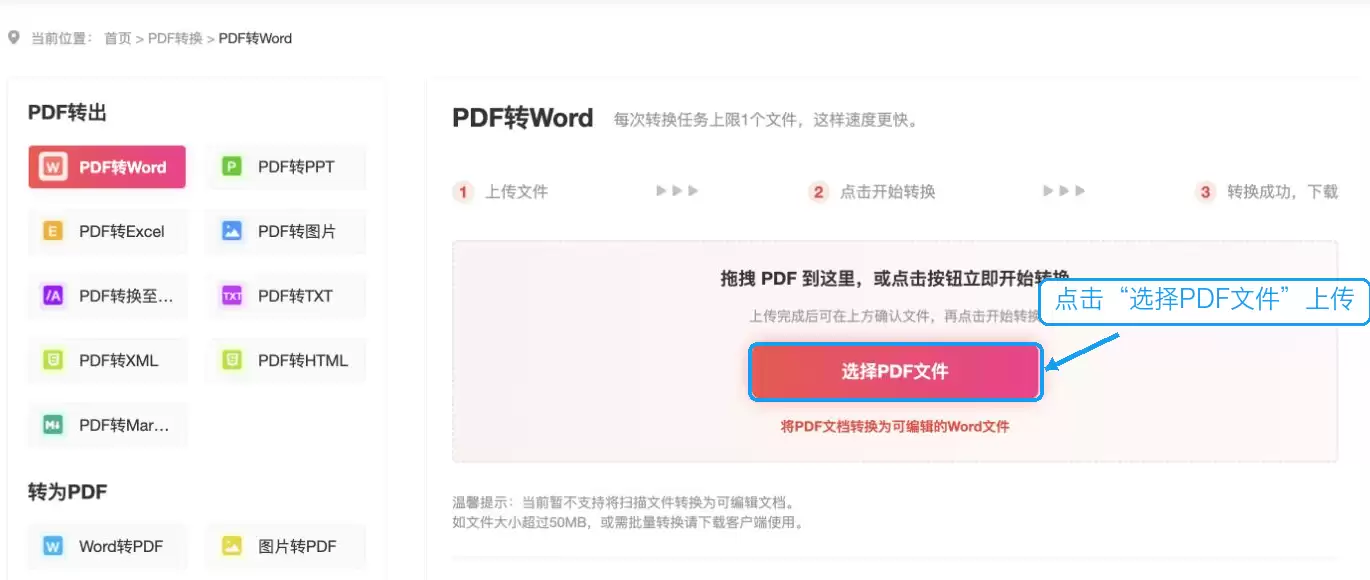 上传PDF文件并转换