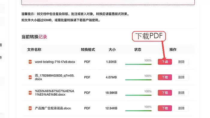 下载转换后的PDF文件