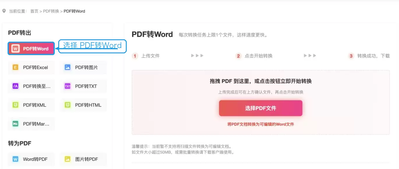 极轻PDF页面左侧选中的PDF转Word功能