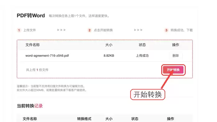 PDF.cn PDF转Word 点击开始转换