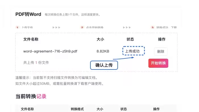 文件上传成功列表，显示已上传的PDF文件名和状态