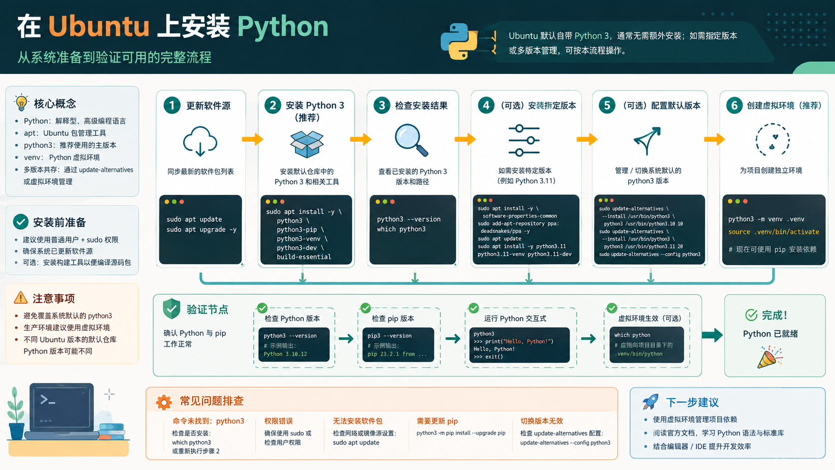 ubuntu安装python:环境配置、虚拟隔离与验证排错指南