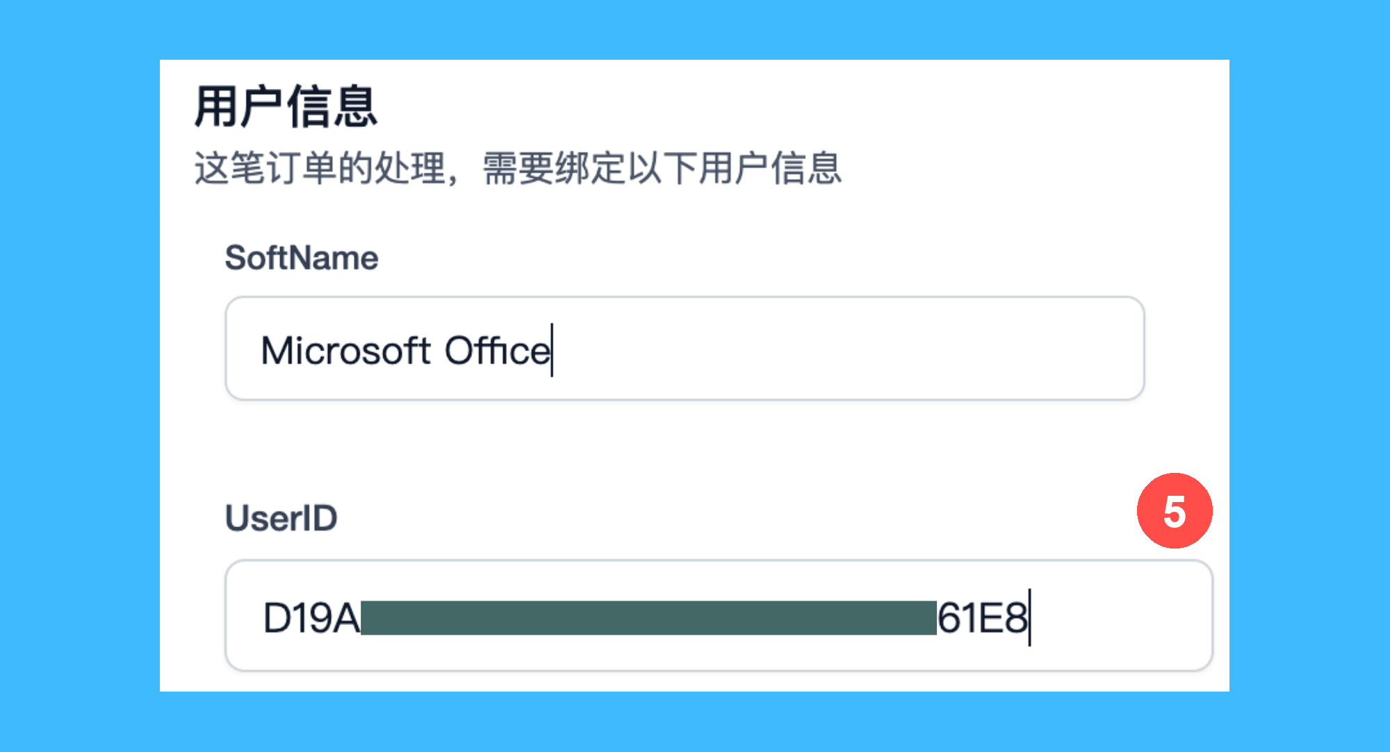 打工人 Excel 插件真实操作步骤6:三、在订单用户信息页面填写 SoftName 和 UserID,提交后等待系统处理离线许可。