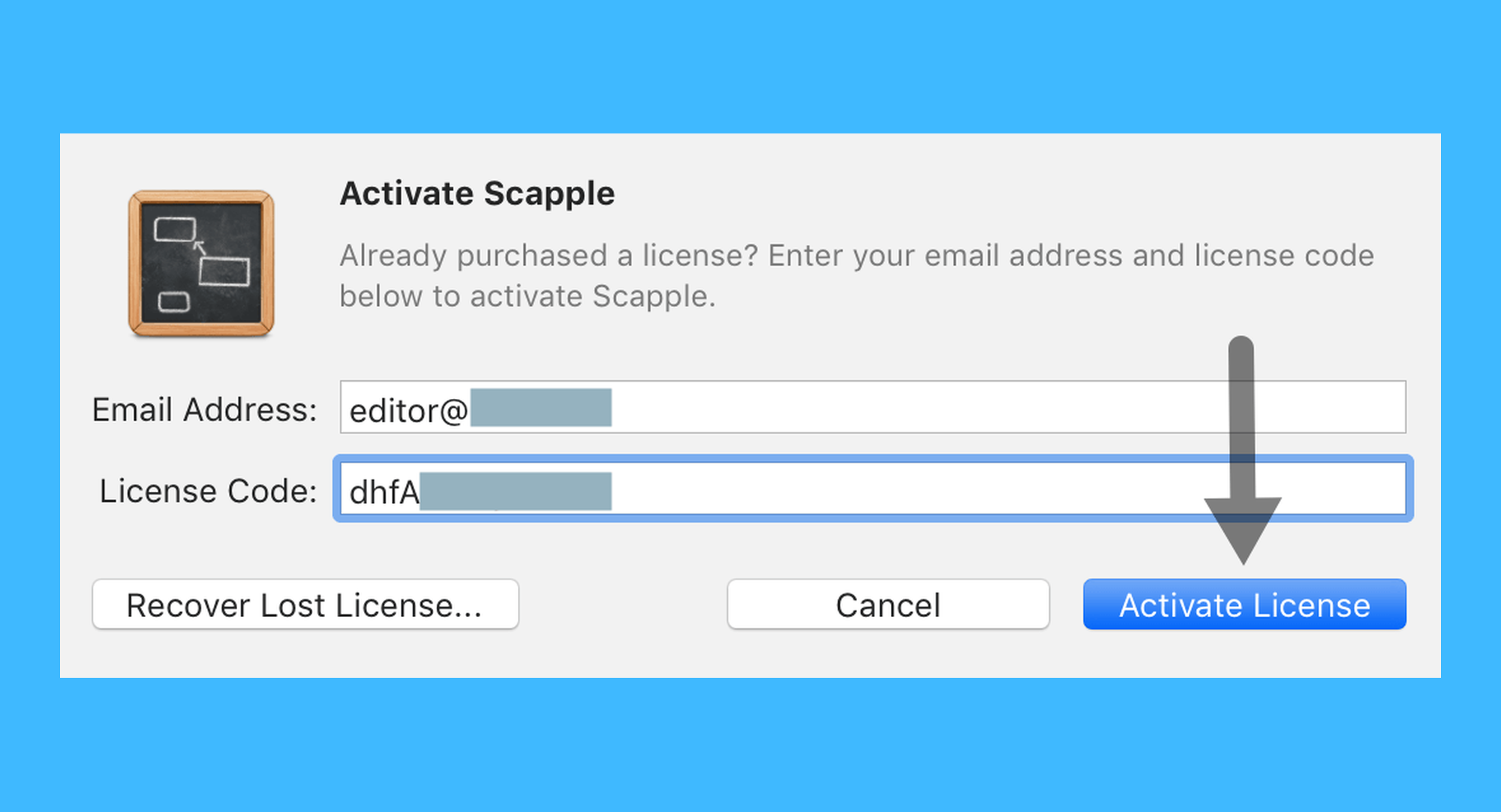 Scapple真实操作步骤2：二、在弹出的窗口中填写邮箱 & 激活码，并点击「Activate License」按钮完成激活。
