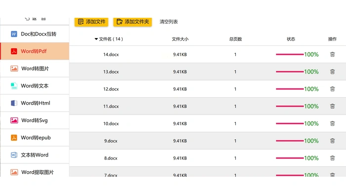 中文批量 Word 转 PDF 文件列表和完成状态